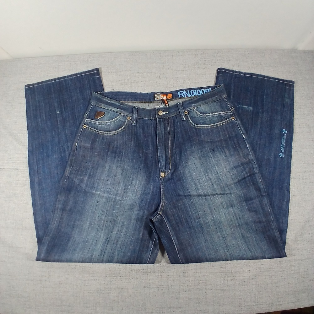 Akademiks Mens Y2K Hip Hop Streetwear Baggy Embroidered Pocket Jeans Indigo Blue